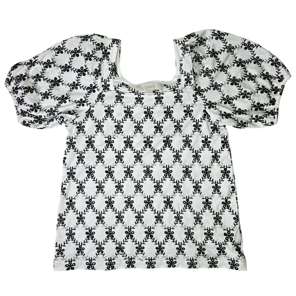 LOFT Womens XS White Black Eyelet Embroidered Puff Sleeve Square Neck Top 586416